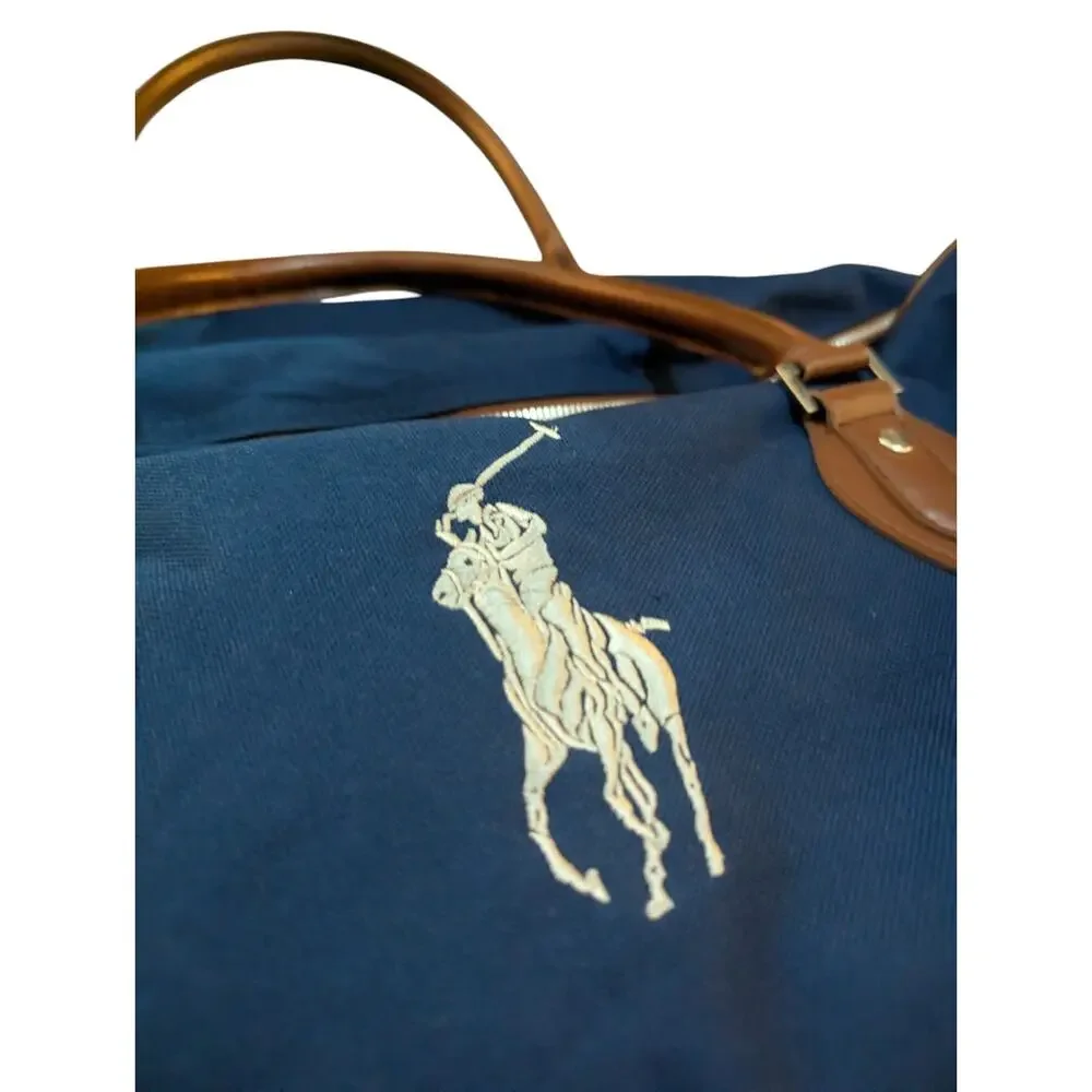 Vtg Polo Ralph Lauren Big Pony Canvas Overnight Weekender Duffle Bag Blue Brown